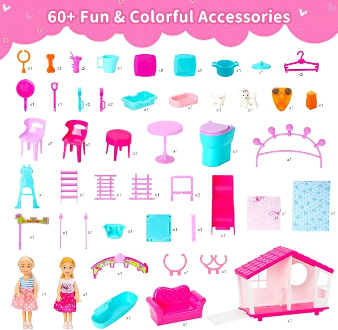 Style Shine Doll House Portable & Foldable Dollhouse w/ 60+ Pcs & 2 Dolls, Play House Toy with Bedroom Bathroom Kitchen Furniture Playset, Playhouse Gift for Girl Kid Toddler