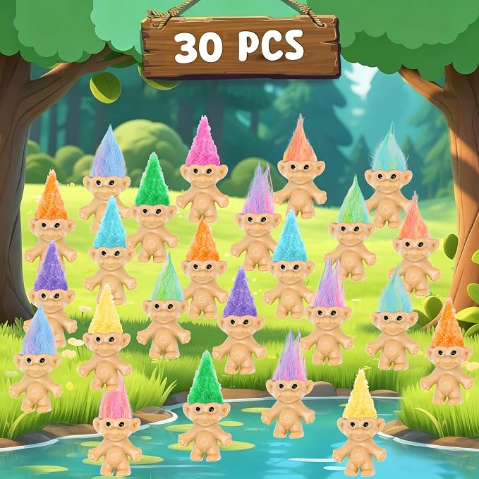 30 Pcs Long-Haired Lucky Mini Troll Dolls - 4" Vintage Style Action Figures (0.8" Body) with Colorful Hair. Small Toys for Kids Goodie Bag Fillers, Classroom Prizes, Pinata Stuffers & Cake Toppers