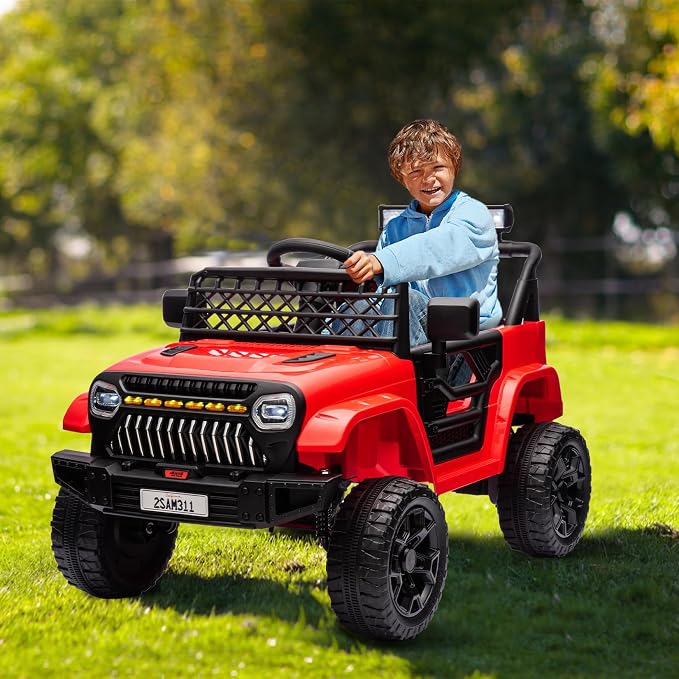 GarveeLife 12V Kids Ride On Truck Electric Vehicle Battery Powered Car Toddlers Ride On Toy for Boys Girls with Remote Control, 4-Wheel Suspension, Battery Display, LED Lights, Music, Red