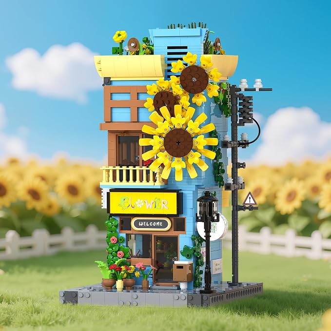 Sunflower House Building Set with LED Light, 3-Story Japanese Street View House Blocks, 1580PCS Creator Architecture Model Building Kit, Home Office Decor Gift for Adults