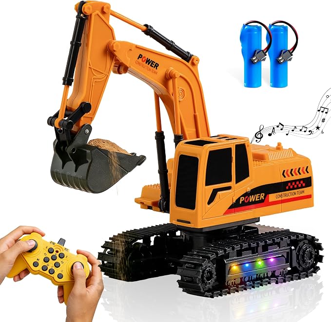 Remote Control Excavator Toy 12-Channel Mini RC Excavator with 2 Batteries & Metal Bucket Lights Sounds RC Digger Construction Vehicles Toys for Boys 3+ Years Old