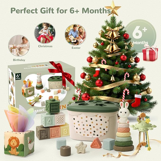 Baby Toys 6 to 12 Months, Montessori Toys for 6-9-18 Months with Shape Sorter Developmental Toys, Baby Blocks, Tissu Learning Sensory Toys Gift for 6-36 Months Girls Boys Infant Toys