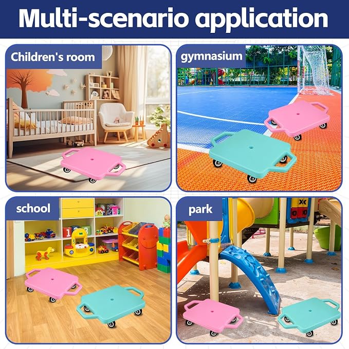 2 Pcs Sports Scooter Board with Handles Colored Floor Sitting Scooter Board with Plastic Casters for Kids Gym Indoor Outdoor Activities Play Equipment