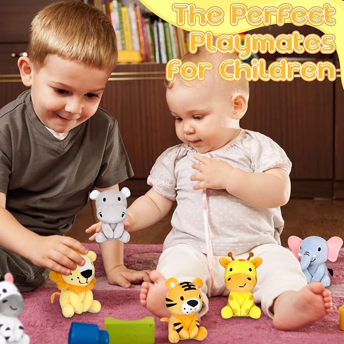 Aoriher 6 Pcs Small Stuffed Animals, 4 Inch Mini Stuffed Woodland Safari Animals Including Lion, Giraffe, Elephant, Tiger, Hippo for Baby Shower, Birthday Party Decorations and Student Rewards(Lovely)