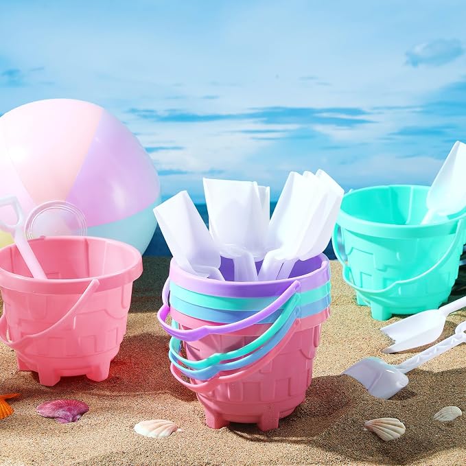 Lunmon 36 Pcs Beach Toys for Kids 12 Set Sand Buckets Shovels Bulk Pastel Beach Balls Inflatable Sand Toys for Girls Boys Toddlers Games Birthday Summer Pool Party Favor (Macaron, Castle)