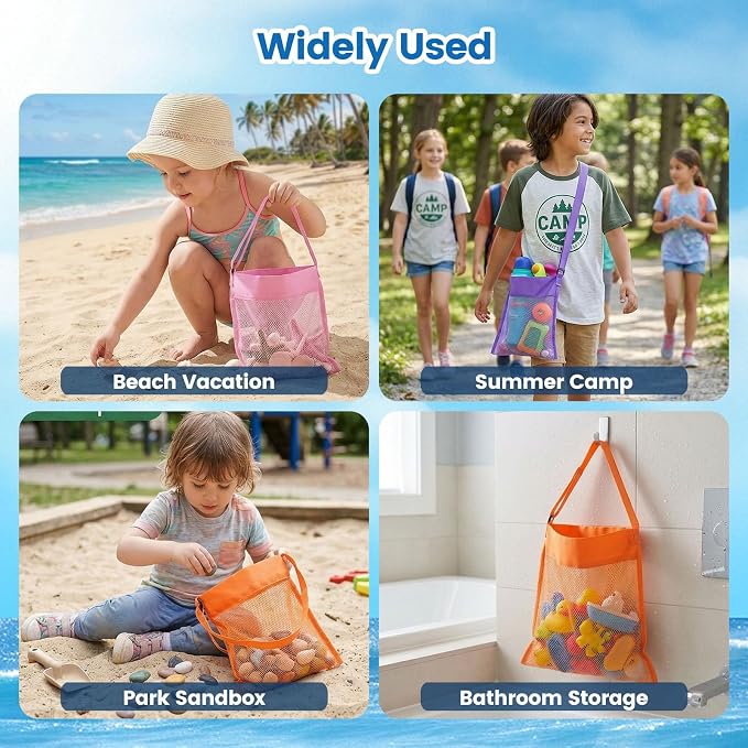 FUTUREPLUSX 6PCS Mesh Beach Bags for Kids, Colorful Small Seashell Collecting Bags Adjustable Strap for Holding Shell Sand Toy