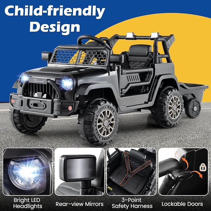 Costzon Ride on Car with Detachable Trailer, 12V Battery Powered Ride on Truck with Parent Remote Control, Light & Music, Electric Vehicle Kids Car Toy for Boys & Girls (Black)