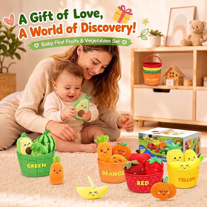 Montessori Baby Sensory Toys 6-12 Months - 16PCS Soft Plush Fruits & Vegetables Basket with Crinkle, Rattle & Color Sorting, Fine Motor Skills Learning Toy for 1 Year Old Toddlers Boys Girls