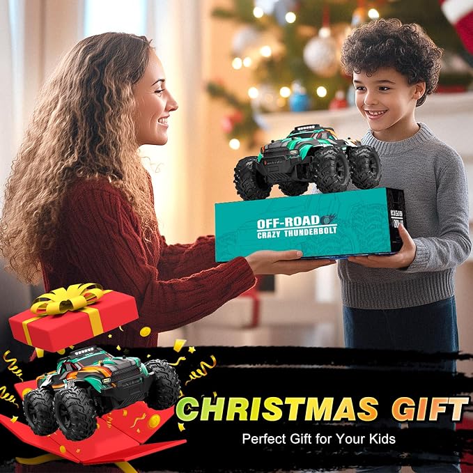 BLUEJAY Remote Control Car, 1:16 All Terrain High Speed RC Cars Truck for Boy, Rechargeable Monster RC Truck with Cool LED Lights & Spray, RC Cars Toys Gifts for Adults Kids Boys Girls 4-7 8-12