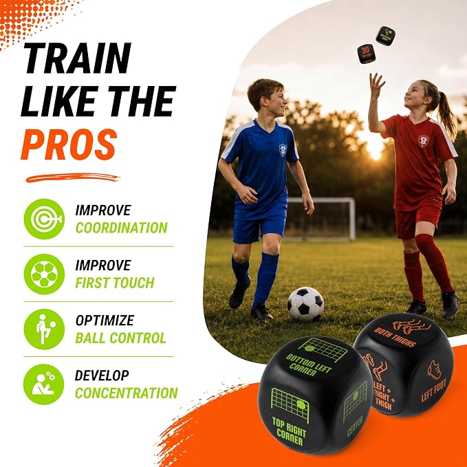 Soccer Dice Set of 4, 2X Juggle & 2X Goal Dice, Soccer Gifts for Boys 8-12, Football Gifts for Girls, Training Equipment/Football Game/Practice Toy (English)