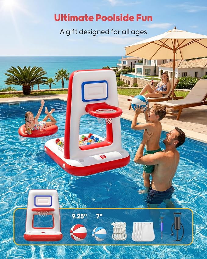 QPAU Pool Basketball Hoop with Built-in Cooler, 42" Poolside & Floating Inflatable Basketball Hoop for Family Pool Party — Swimming Pool Games for Kids & Adults, Includes 2 Balls & Pumps