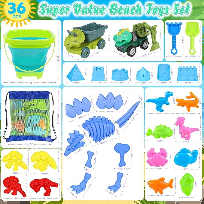 Beach Sand Toys, Sandbox Toys with 2 Dinosaur Dump Truck, Collapsible Bucket, Creative Molds, Mesh Bag, Sand Castle Play Set for Kids Ages 3-12, Outdoor Summer Beach Essentials for Building & Playing