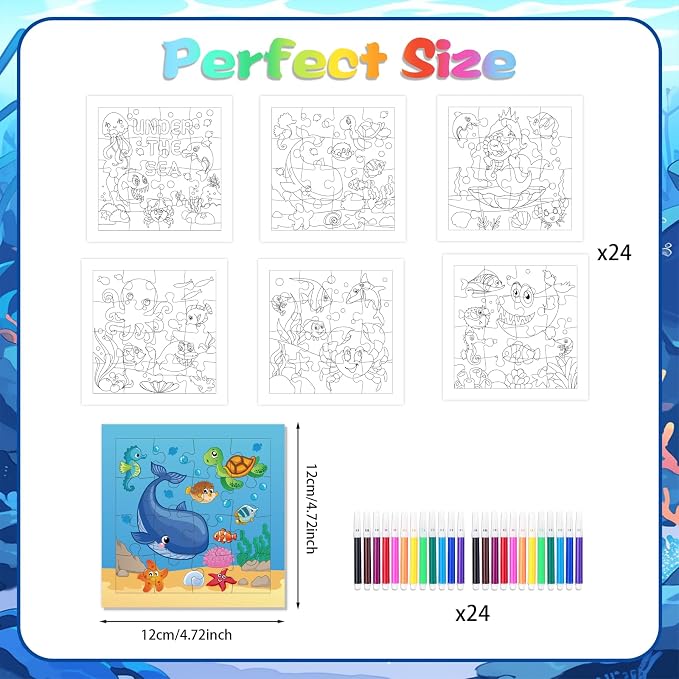 Fennoral 24 Pack Summer Crafts for Kids Bulk Color Your Own Under The Sea Jigsaw Puzzle with Base Design DIY Coloring Arts and Crafts Classroom Gifts Under the Sea Theme Party Favors,4.7inch