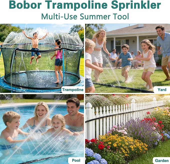 Bobor Trampoline Sprinkler for Kids, Outdoor Trampoline Water Sprinklers, Backyard Summer Water Toys, Outside Trampoline Accessories for Yard Backyard Water Fun (39ft)