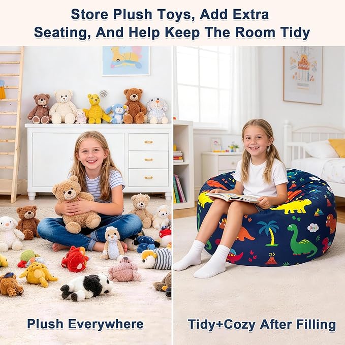 Lukeight Dinosaur Stuffed Animals Storage Bean Bag Chair Cover for Kids Toddlers, Cozy Velvet Plush Toy Organizer Seat, Cover Only, No Filling Included, Long YKK Zipper, Side Pocket, Large 27 x 16 in