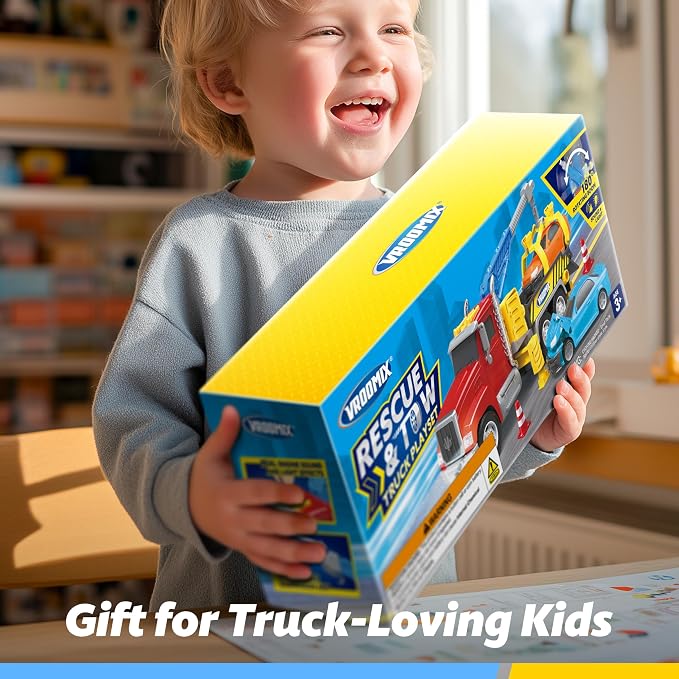 JOVA Vroomix Kids Tow Truck Toys for 3 4 5 6 7 Years Old Boys, Toddler Car Toys, Large Truck with 2 Transformation Cars and Trailer, Crane with Lights and Sounds, Birthday Gifts