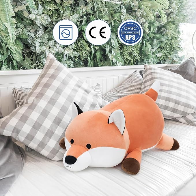 MorisMos 23.6" Red Fox Stuffed Animal, Cute Fox Plush Pillow, Fluffy Fox Pillow for Sleeping, Squishy Cuddle Buddy and Supportive Lumbar Cushion, Christmas Valentine’s Birthday Gift for Kids & Adults