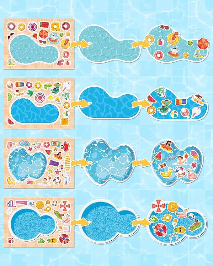 Aowplc 32 Sheets Make‑a‑Pool Stickers for Kids – Mix & Match Craft Kit – Summer Party Favors & Activities