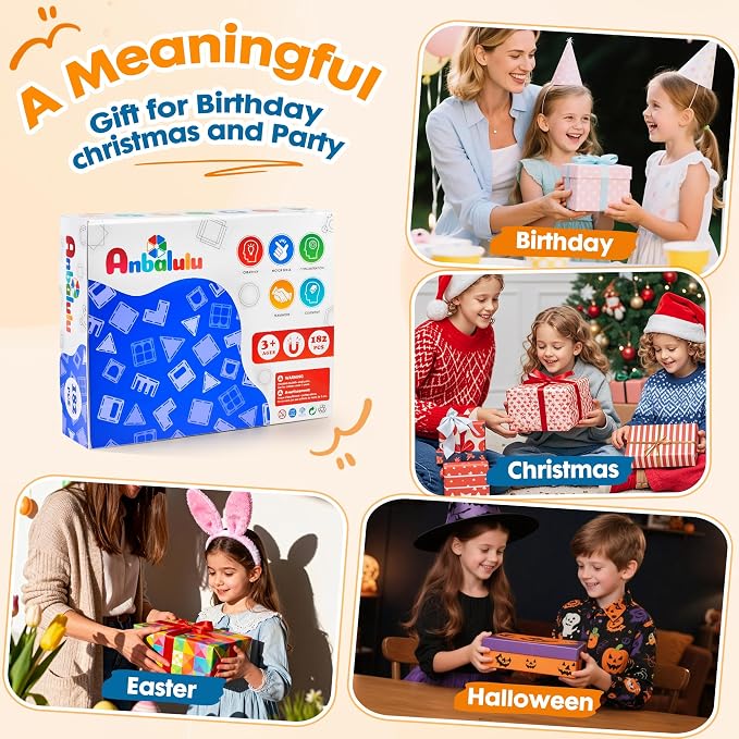 Anbalulu 182PCS Magnetic Tiles, Large Castle Building Blocks for Kids | Supersized STEM Construction Set, Strong Magnets, Toddler Safe, Clear Rainbow Colors for Giant Creative Builds