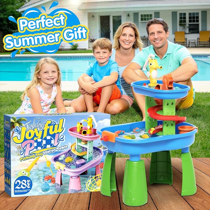 Toddler Water Table - Sensory Table for Kids with 28 Piece Sand Water Toy Set, Outdoor Water Play Table with Rain Shower Sprinkler, Summer Birthday Gift STEM Toy for Boys Girls Ages 3 4 5 6 7 8