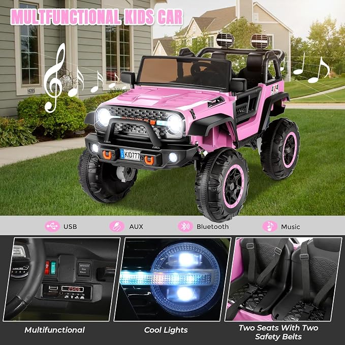 Hikole 24V 4WD/2WD Electric Kids Car with 4x4 Powerful Engine, Remote Control, Spring Suspension, Music, 2 Seater Electric Kids Ride on Truck W/20 Extra Wide Seat, Colorful LED Lights, Pink