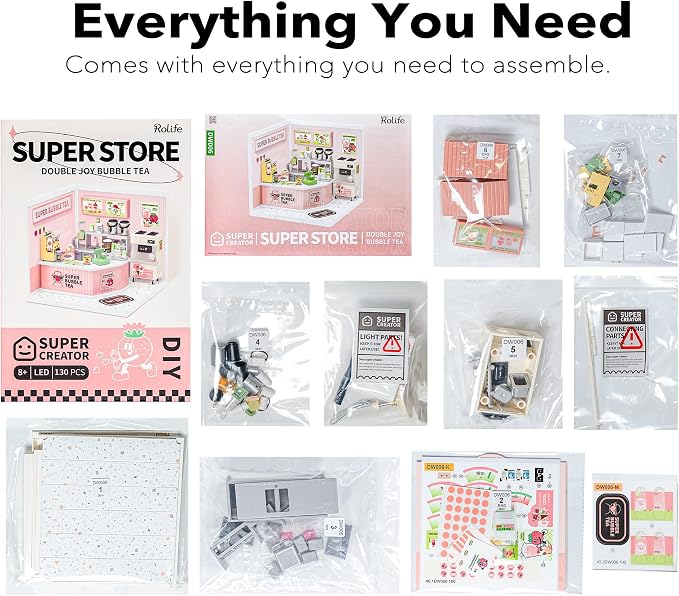 Rolife Super Creator DIY Miniature House Kit, Blind Box Display Home, No Glue Plastic Click-Assembly Stackable Room Box Toy with Type-C LED Light (DW006 Double Joy Bubble Tea)