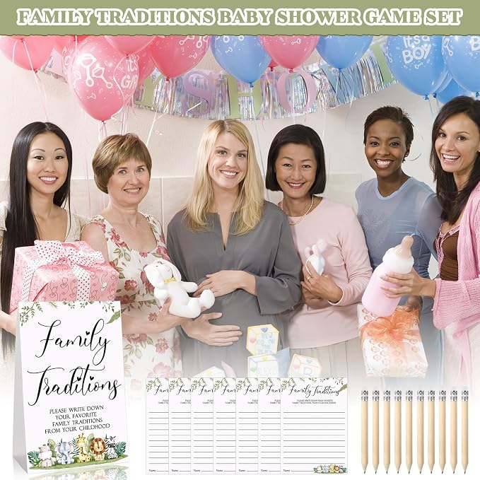 Fumete 61 Pieces Family Tradition Baby Shower Games Include 1 Family Traditions Standing Sign and 50 Activities Cards with 10 Pencils for Gender Reveal Bridal Shower Wedding(Green,Forest Animals)