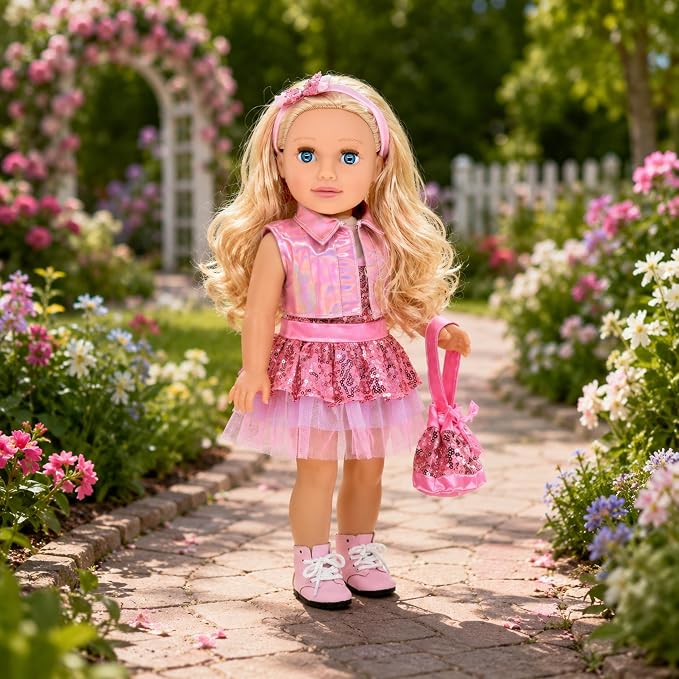 Dolls To Play 18 Inch Girl Doll, Fashion Doll with Fine Blonde Long Hair for Styling, Blue Eyes, Pink Sequin Dress, Shoes, Handbag, Clothes and Accessories Princess Doll for Kids