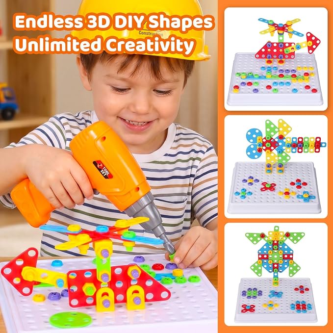 Creative Mosaic Tool Kit with Electric Drill, STEM Building Blocks for Kids, 223PCS Toy Construction Tools, Montessori Educational Construction Toys, Birthday Gift for Boys Girls Ages 3 4 5 6 7 8 9 10
