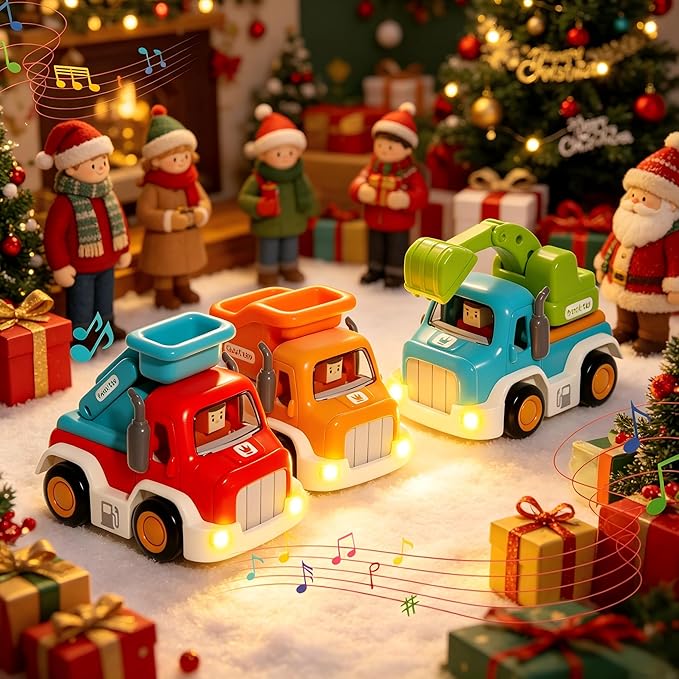 Toy Cars for Toddlers 1-3, Friction Powered, Light & Sound Toddler Car Toys with Mini Trucks (Excavator, Dumper, Fire), Early Educational Gift for Boys Girls (3 Pack)