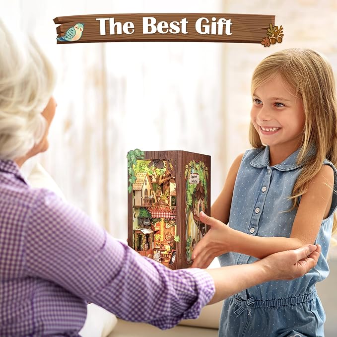 Cutefun Book Nook Kit, DIY Miniature Booknook Kit for Adults, 3D Wooden Puzzle Bookend Bookshelf Decor with LED Light & Dust Cover Creative Crafts Gifts for Book Lovers (Squirrel Collector)