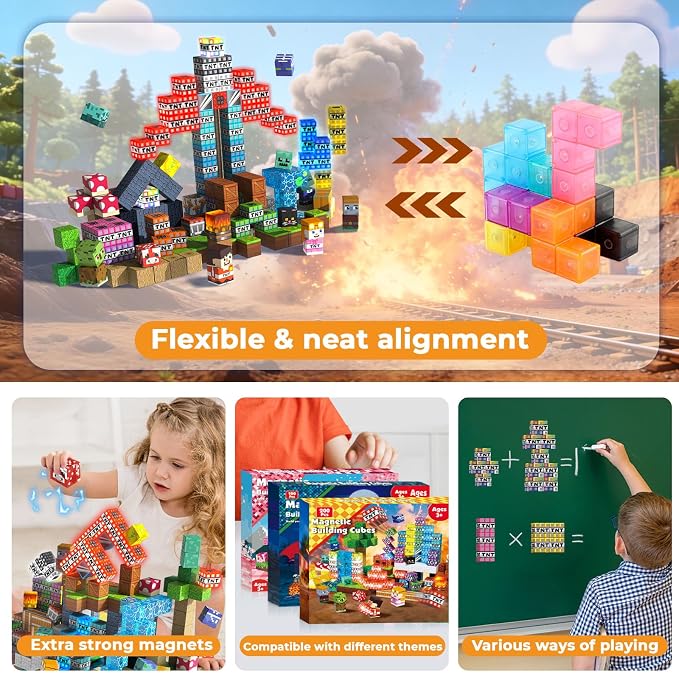 200PCS Magnetic Blocks with Light up Blocks - TNT Magnetic Blocks, Magnetic Building Blocks Cubes for Kids Ages 4 5 6 7 8 +, Magnet Toys, Birthday Gift for Boys & Girls Ages 3-8