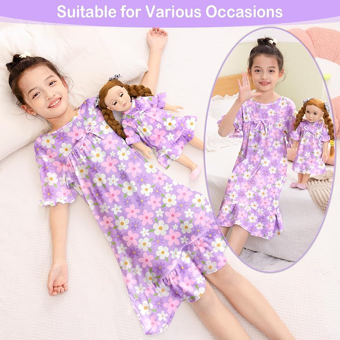 MHJY Matching Girls & Doll Nightgowns Vintage Short Sleeve Sleepwear Pajamas Dress for Girls and 18" Girl Doll