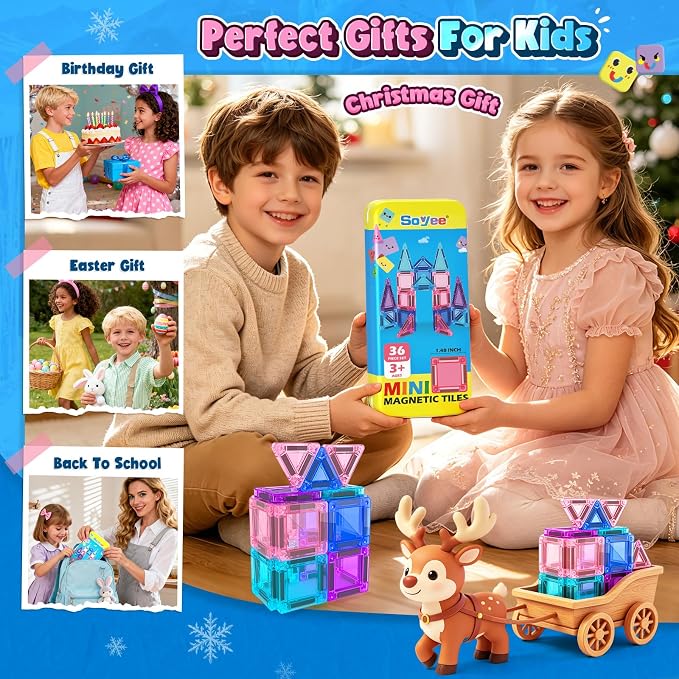 Soyee Mini Magnetic Tiles Kids Toys Travel Essential Games Magnet Building Blocks STEM Sensory Educational Toys for 3 4 5 6 7 8+ Year Old Boys Girls Christmas Birthday Gifts