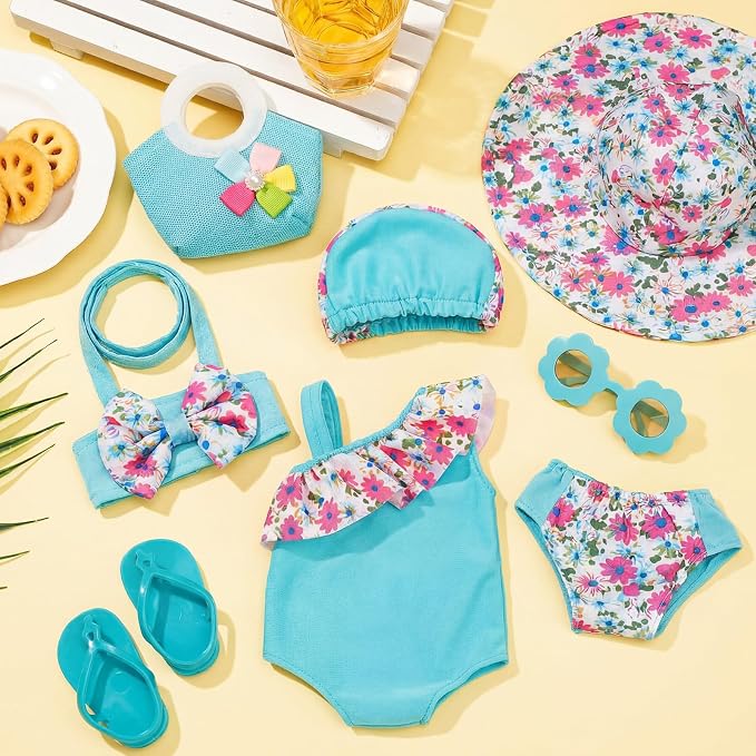 Kajaia 8 Pcs Light Blue 18 Inch Doll Clothes and Accessories Doll Swimsuit Dress Flip Flops Hat Outfit Swimsuit Accessories