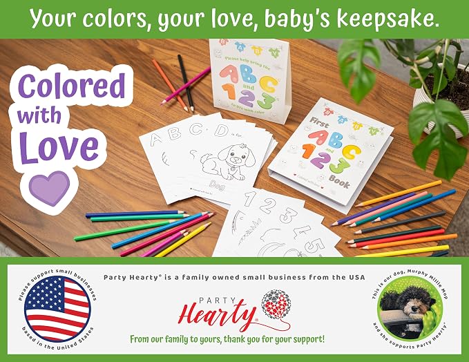 Party Hearty Baby's First ABC & 123 Book Baby Shower Activity, Guest Book Alternative with Alphabet Coloring Pages, Educational Keepsake & Activities for Guests - Baby Shower Games Craft Kit