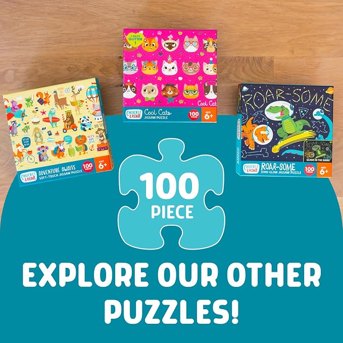 Chuckle & Roar - Cool Cats Glitter 100 Piece Jigsaw Puzzle for Kids Ages 6+ - Educational Puzzle with Glitter Accents - Fine Motor Skills and Screen Free Fun - Giftable Kids Puzzle 11 x 15 Inches