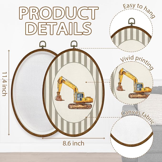 WULQYING Vintage Excavator Boy Nursery Wall Art Decor, Kids Oval Framed Canvas Art Prints, Neutral Striped Excavator Vehicle Wall Hanging Decor for Kids Boy Nursery Room Playroom, 8.5x11.4 Inches