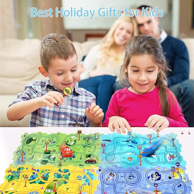 4 Year Old Boy Birthday Gift, Puzzle Racer Kids Car Track Set Puzzle Racer Car Track Set with Roadmap Puzzle Track Car Play Set Toys for 4 Year Old Boys (B-Space, set2-15PCS)