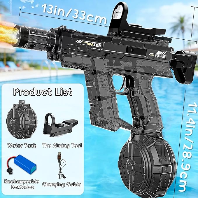 Electric Water Gun for Kids Adult, Automatic Squirt Pistol Guns with Large Capacity & 26-32FT Range, Rechargeable Watergun Toys for Pool, Beach, Backyard Summer Water Blaster Games, Black