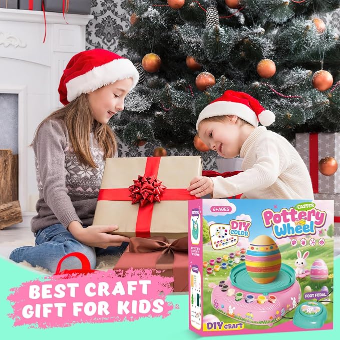 Pottery Wheel for Kids with Complete Clay Kit,Beginner Pottery Painting Set with Air Dry Clay,12 Paints,Sculpting Tools,Apron and Guide,Arts and Crafts Christmas Birthday Gift for Girls Boys Ages 6-12