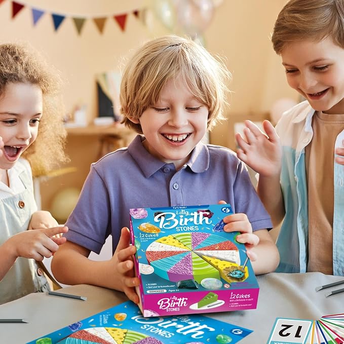 Gem Dig Kit, Dig Up 12 Birthstones, Gemstone Dig Kit for Kids, Birthday Cake Excavation Toy, Educational Gem Mining Kit, Party Favors for Boys & Girls Ages 6+