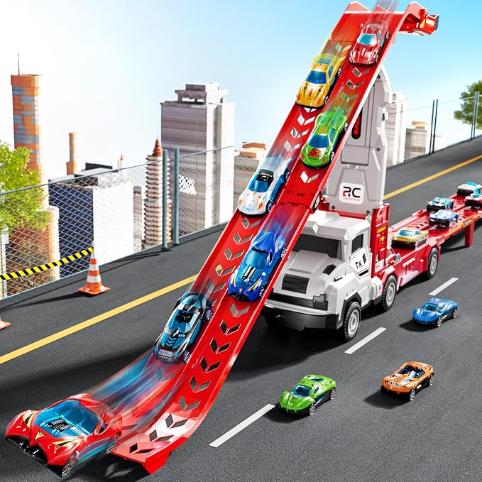 Toddler Car Truck Toys for 3 4 5 6 7 8 Years Old Boys, Transporter Truck Toy Track Set with 12 Die-Cast Car Toys, Toy Gifts for 3 4 5 6 Year Old Boys Kids