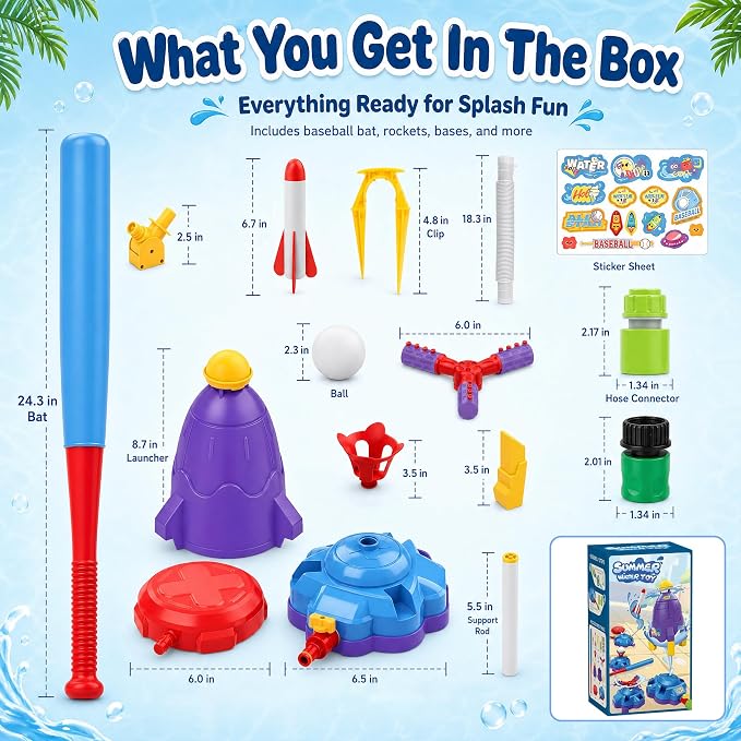 4 in 1 Kids Water Sprinkler Toys for Outdoor Play – Splash Baseball Sprinkler Tball, Foot Pump Rocket Launcher, Rotating & Water Rocket Sprinkler – Summer Backyard Water Toys for Ages 3-8