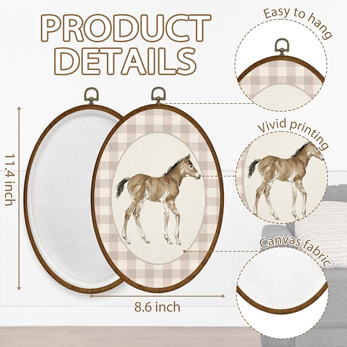 WULQYING Vintage Baby Horse Nursery Wall Art Decor, Kids Playroom Oval Framed Canvas Art Prints, Neutral Gingham Foal Horse Animal Wall Hanging Decor for Kids Toddler Room Bedroom, 8.6x11.4 Inches
