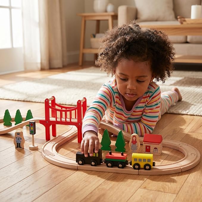 Wooden Train Track Set, 39Pcs Toddler Railway Bridge Toy Train Set with Magnetic Trains, Birthday Gift Ideas for Kids Boys and Girls Compatible with All Major Brands