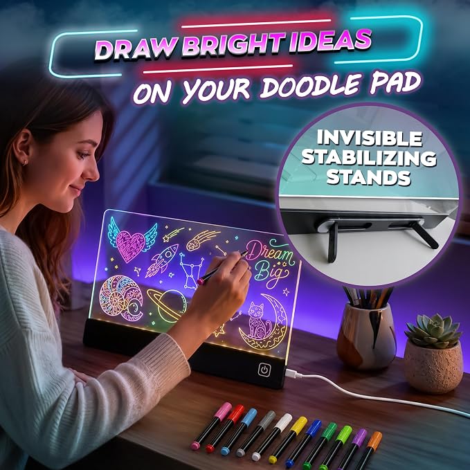 Upgraded 16 Inches LED Drawing Board – Rechargeable, 8 Colors, 11 Light Modes, Adjustable Brightness – Acrylic Light Board for Tracing with Stand, Markers and Full Kit – Birthday Gift Set (Black)