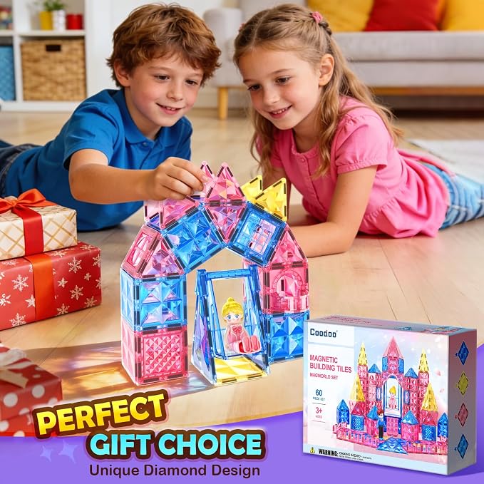 Coodoo Diamond Magnetic Tiles Magnetic Building Blocks STEM Sensory Toy for Boys Girls Pink Castle Dollhouse Pretend Princess Toys for 3 4 5 6 Year Old Girls Toys Birthday Xmas Present