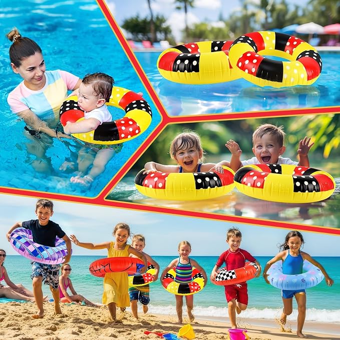 4-Pack Cartoon Mouse Pool Floats, 20 Inch Red & Black Kids Inflatable Swim Rings, Summer Toys for Hawaiian Beach & Water Park