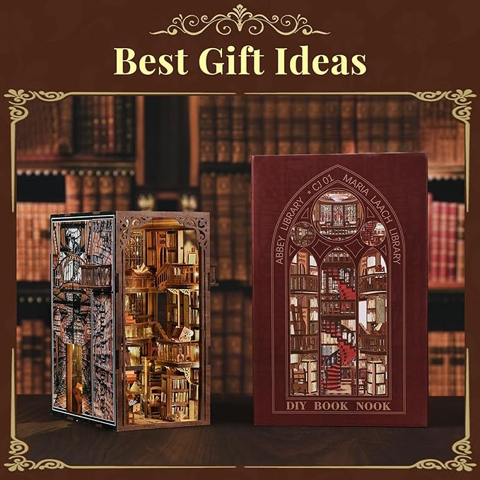MiniCity Book Nook Kit, DIY Miniature Dollhouse Booknook Kit, 3D Wooden Puzzle Bookend Bookshelf Insert Decor with LED Light for Teens and Adults (Abbey Library)